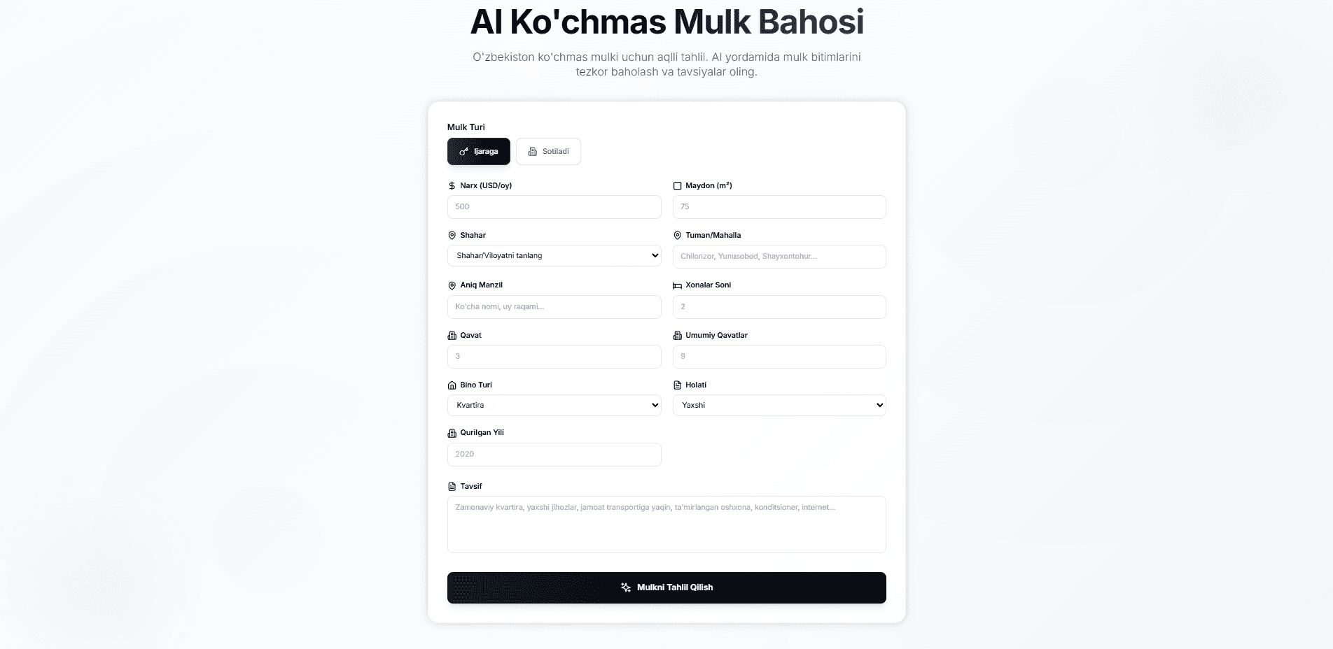MulkTahlilchi - AI kochmas mulk bahosi